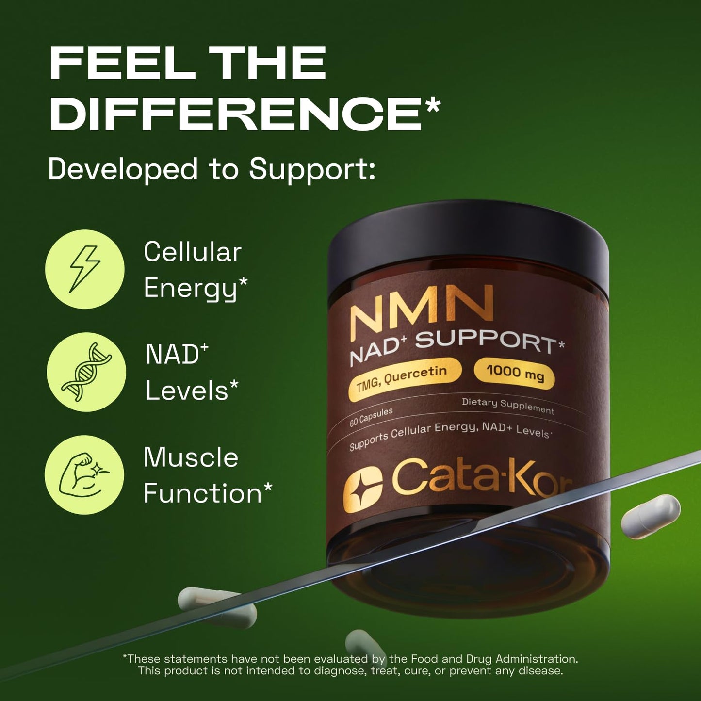 Cata-Kor NMN Supplement – 1000mg Per Serving NAD Resveratrol Supplement with Quercetin | TMG – NMNH Alternative – Supports Cellular Energy & NAD+ Level – 60 Capsules Cata-Kor