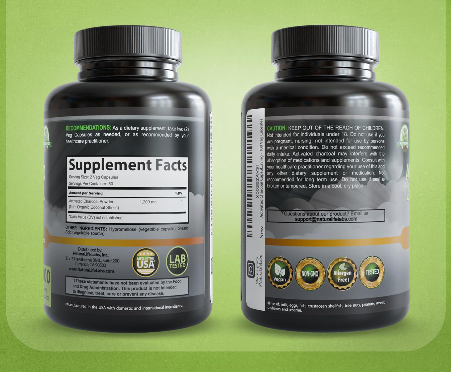 NaturaLife Labs Activated Charcoal 1200 mg per Serving – from Coconut Shells – 100 Veg Capsules – Non-GMO, Gluten-Free, Vegan NaturaLife Labs
