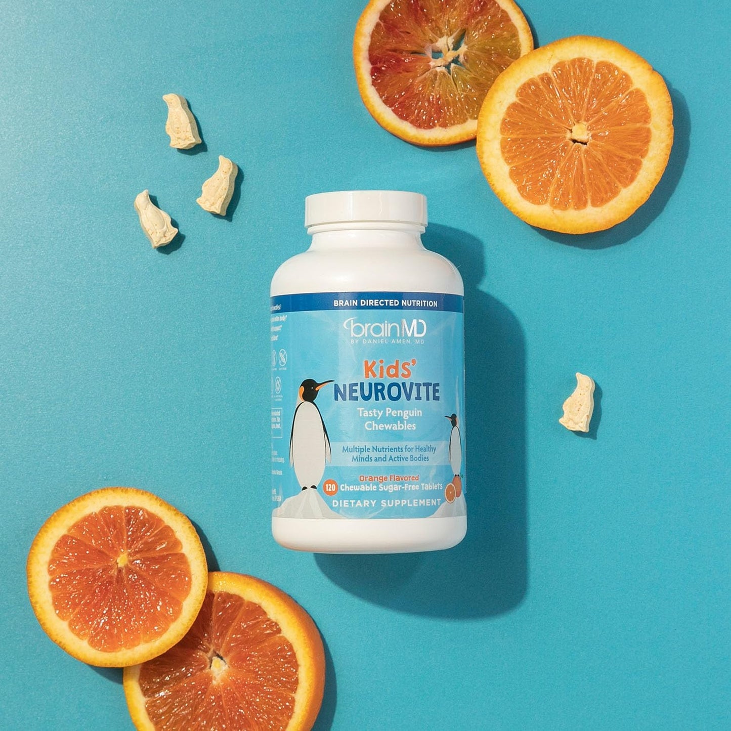 BRAINMD Dr Amen Kids’ NeuroVite, Orange Flavor - 120 Penguin-Shaped Chewables - Multivitamin & Mineral Supplement - Promotes Healthy Development & Growth - Gluten Free - 60 Servings