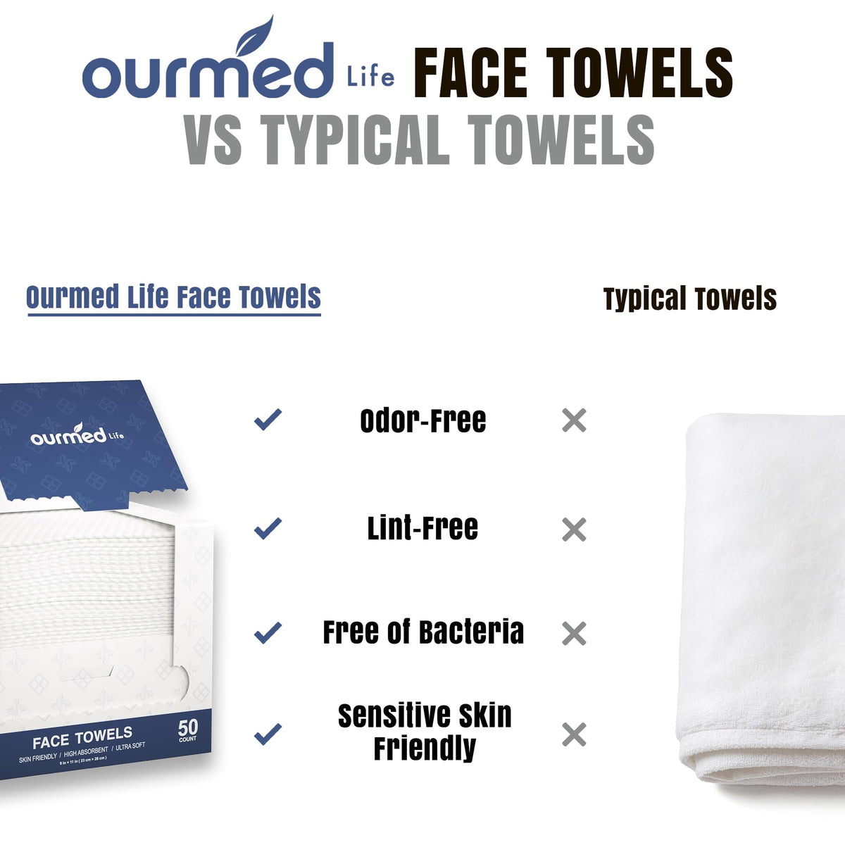 Ourmed Life Disposable Face Towels, Ultra Soft & Absorbent, XL, 50 Count ourmed life