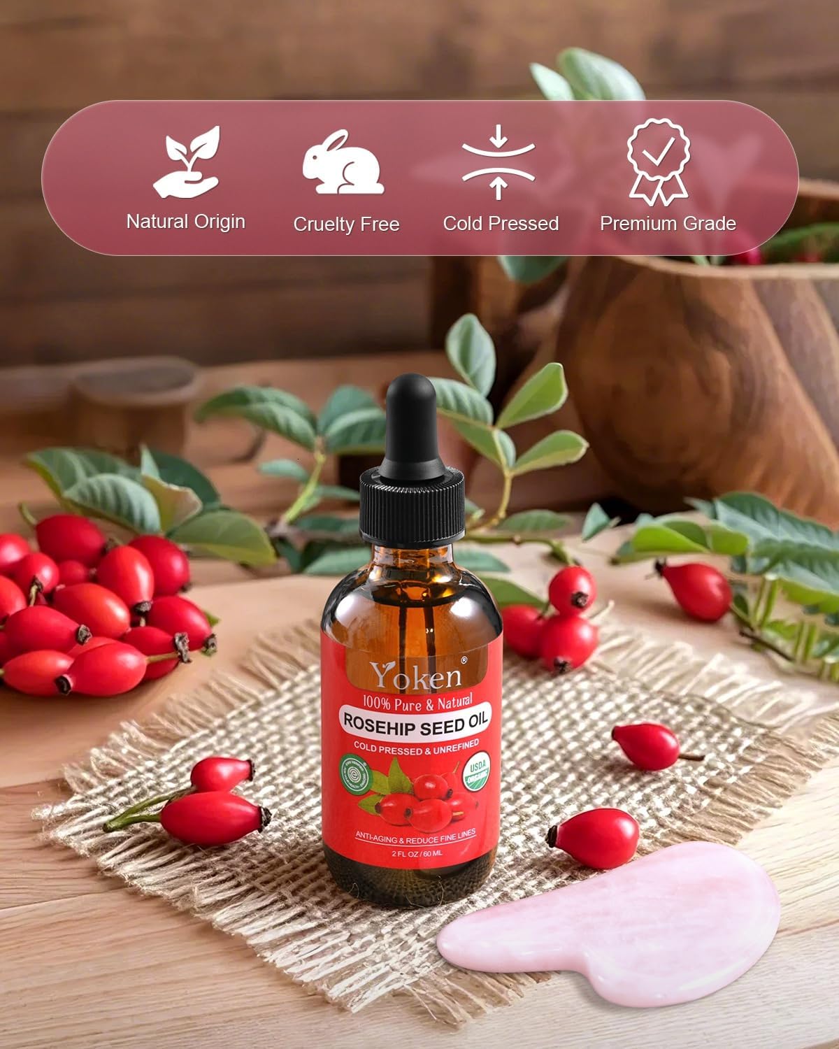 Yoken Organic Rosehip Seed Oil for Face, Pure Natural Cold Pressed, 2oz Yoken