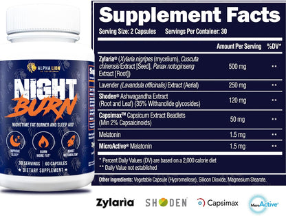 ALPHA LION Night Burn, Metabolism Booster for Weight Loss, Less Body Fat, More Muscle, Promotes Lean Body, Calorie Burning Supplement, Relax Better, Promote Healthy Cortisol (60 Capsules)