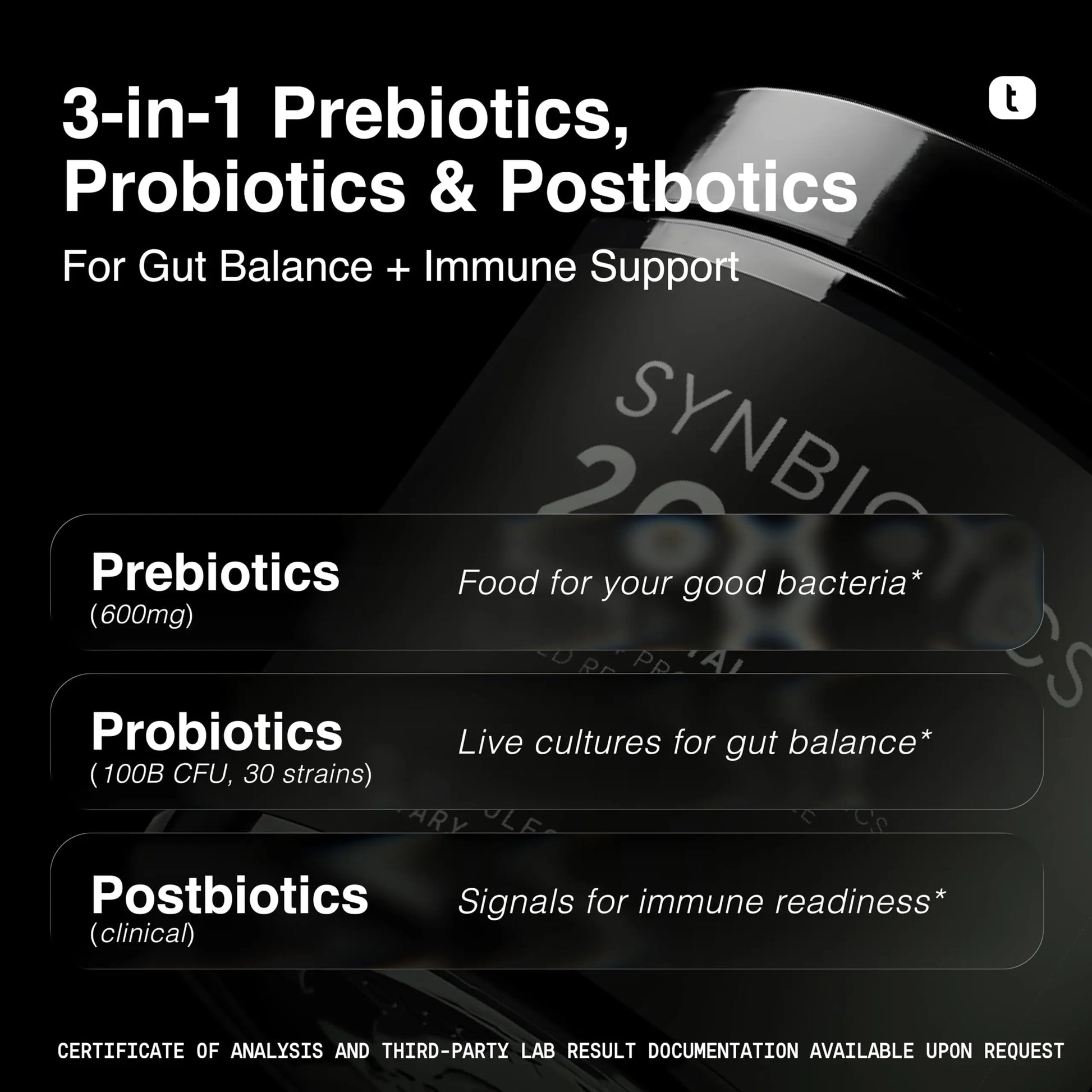 Toniiq Prebiotics and Probiotics – 200B CFU Synbiotic with Postbiotics IMMUSE® & ButyraGen® – 30 Strains for Gut & Digestive Health – Shelf-Stable Toniiq