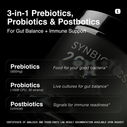 Toniiq Prebiotics and Probiotics – 200B CFU Synbiotic with Postbiotics IMMUSE® & ButyraGen® – 30 Strains for Gut & Digestive Health – Shelf-Stable Toniiq