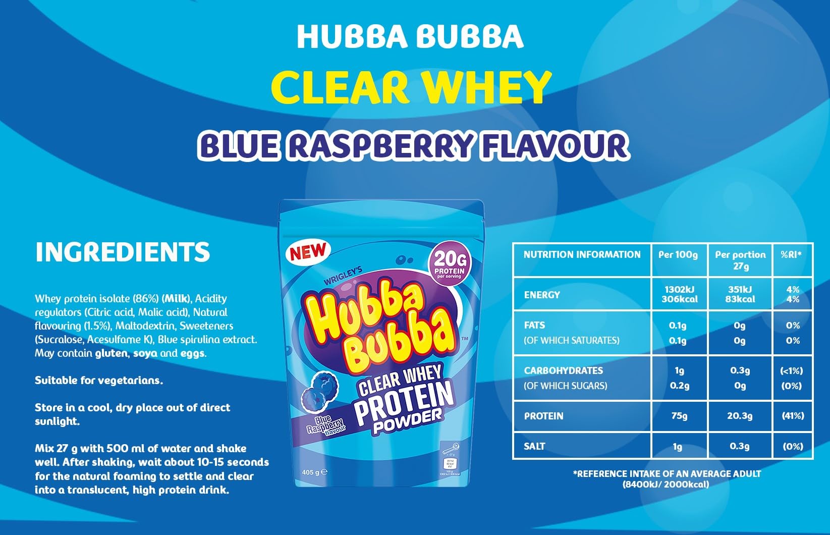 Hubba Bubba Blue Raspberry Clear Whey Isolate, Protein Powder Drink, 405g Pouch Hubba Bubba buy australia supplements