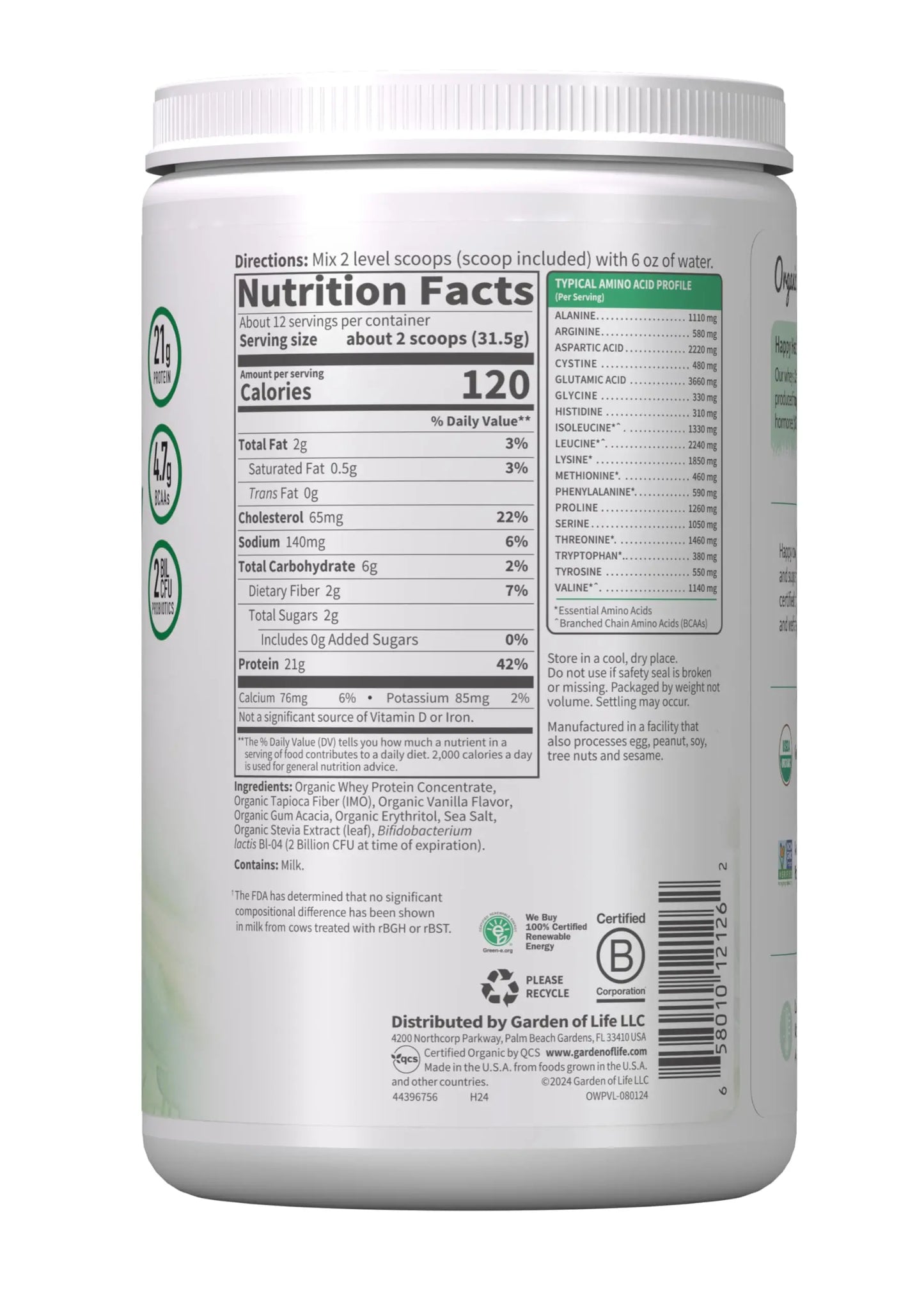 Garden of Life Grass Fed Whey Protein Powder Vanilla - 21g Protein for Women & Men + Probiotics - 12 Servings - Gluten Free, Non GMO, Kosher, Humane, RBST & rBGH Hormone Free Garden of Life