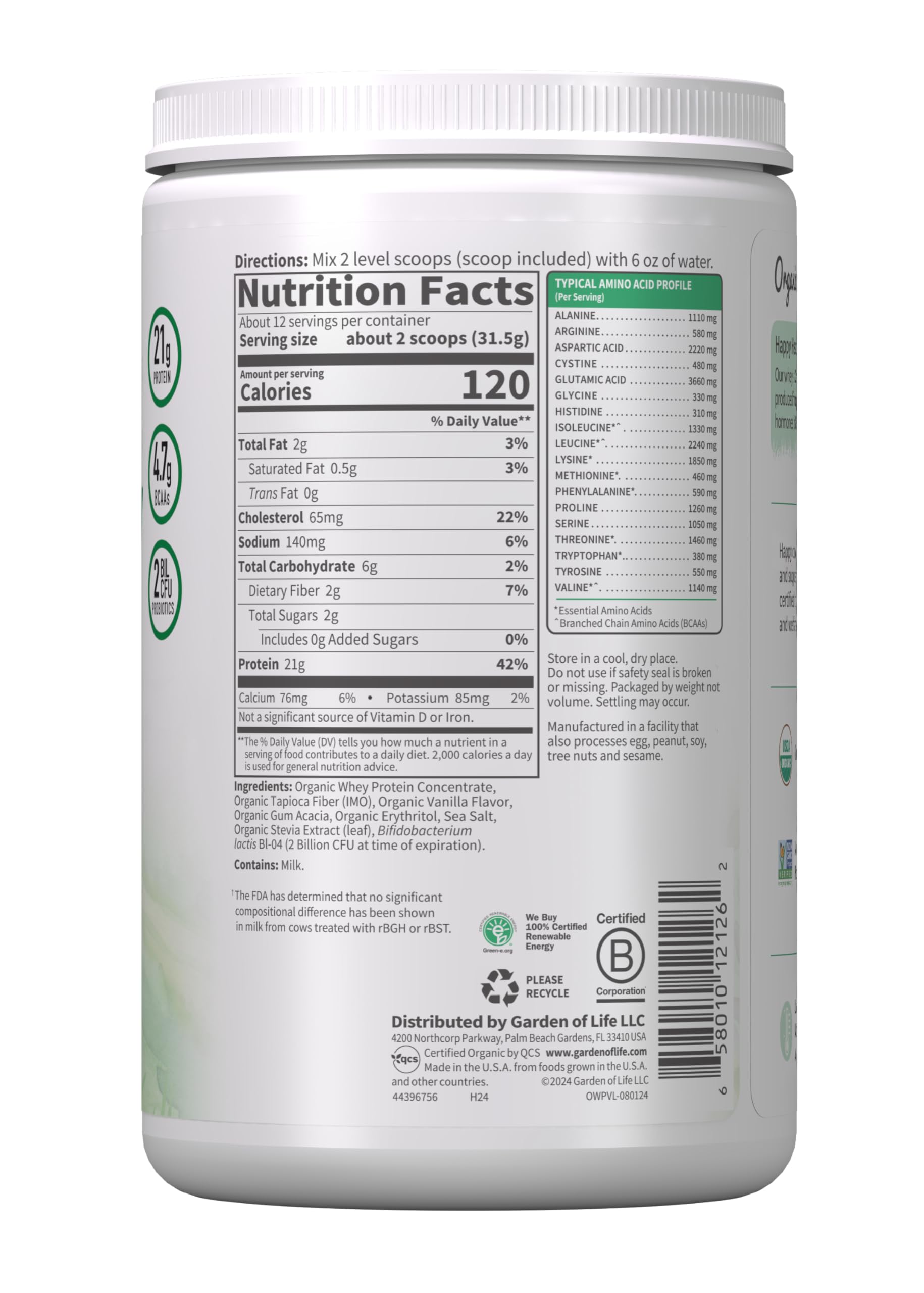 Garden of Life Grass Fed Whey Protein Powder Vanilla - 21g Protein for Women & Men + Probiotics - 12 Servings - Gluten Free, Non GMO, Kosher, Humane, RBST & rBGH Hormone Free Garden of Life buy australia supplements