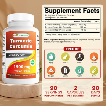 Best Naturals Turmeric Curcumin 1500mg/Serving with Bioperine - 180 Veggie Capsules Best Naturals