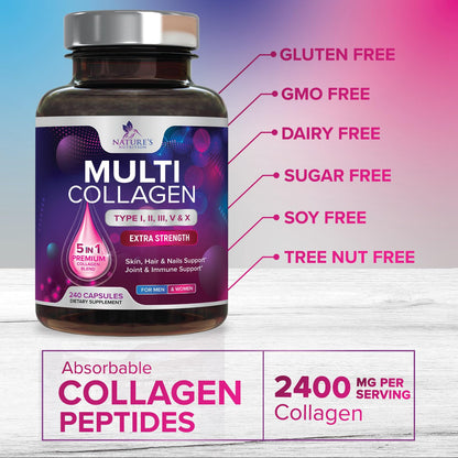 Multi Collagen Pills - Multi Collagen Complex 2400 mg Per Serving - Types I, II, III, V, X - Hydrolyzed Collagen Peptides Supplement - Hair, Skin & Nail Support Nature's Nutrition