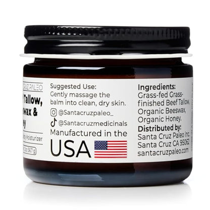 Santa Cruz Paleo, Beef Tallow, Beeswax & Honey Face Moisturizer, Organic, Unscented Grassfed Beef Tallow Skin Care, Sunscreen Free Santa Cruz Paleo