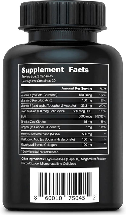 Vital Vitamins Biotin Complex with Collagen & Hyaluronic Acid | 5,000mcg Biotin, MSM & Vitamin C for Hair, Skin & Nails, Non-GMO, For Women & Men, 60 Capsules check Gsupps Australia