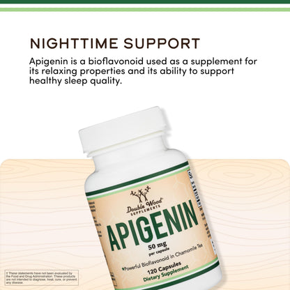 Apigenin Supplement - 50mg per Capsule, 120 Count (Powerful Bioflavonoid Found in Chamomile Tea for Relaxation, Sleep, and Mood) Senolytic Double Wood Supplements