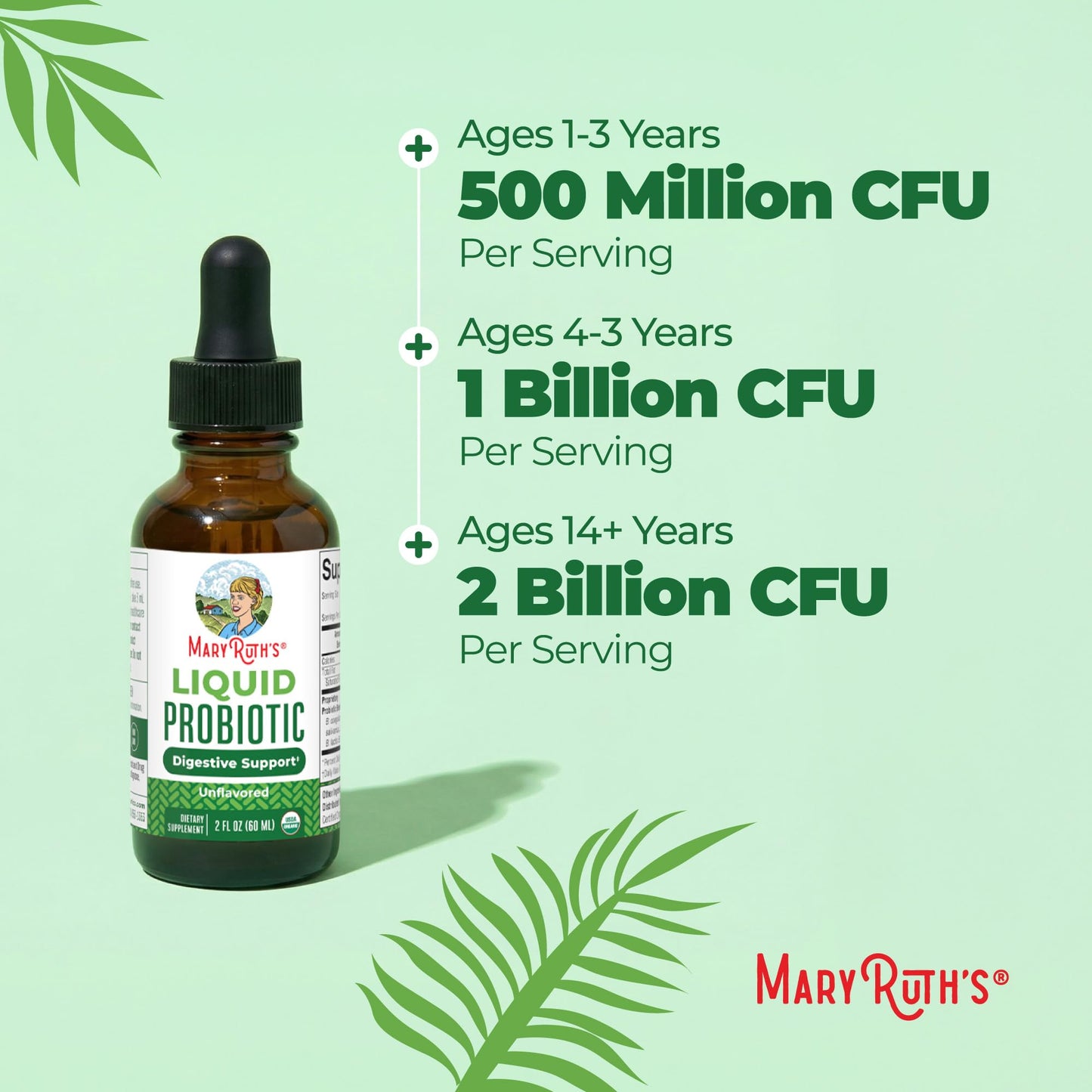 MARYRUTH'S Organics Liquid Probiotic for Ages 4+ | 2 Billion CFU | 13 Probiotic Strains | Gut Health & Digestive Support | Gas & Bloating Support | Vegan | Gluten Free | Travel-Friendly | 40 Servings