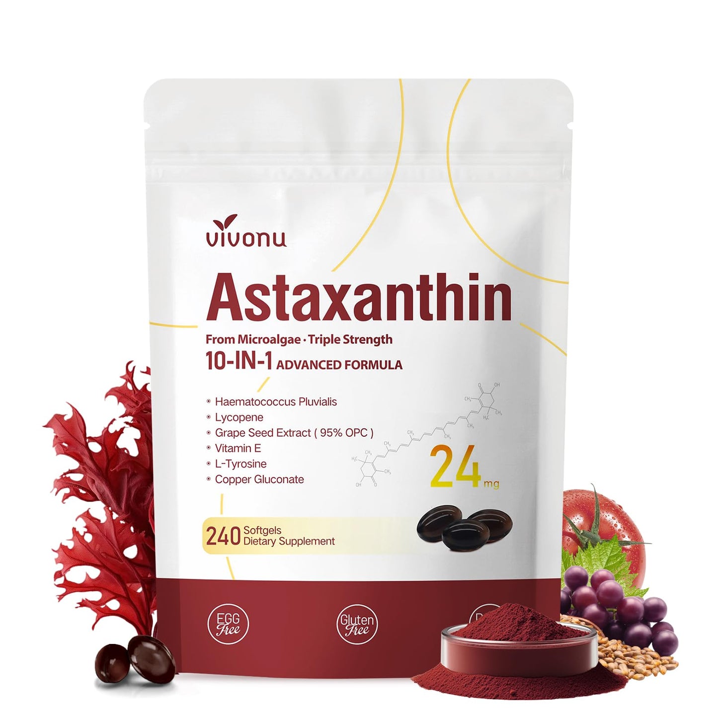 10 in 1 Astaxanthin Supplements 24mg, 4 Month Supply, Astaxantina Antioxidant from Fresh Haematococcus Pluvialis, Contains Lycopene, Grape Seed, Vitamin E VivoNu