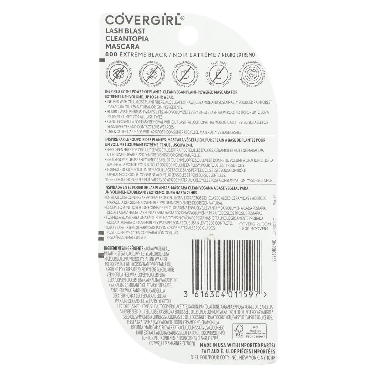 Covergirl Lash Blast Cleantopia Mascara, Volumizing, Smudge-Proof, Vegan Formula, Extreme Black 800, 1 Count COVERGIRL
