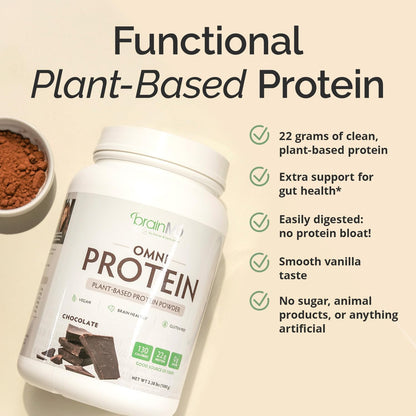BRAINMD Dr Amen Omni Protein Chocolate - 2.38 lbs - Plant-Based Protein Powder - Promotes Energy & Exercise Recovery - Vegan, Vegetarian, Sugar Free, Gluten Free - 30 Servings