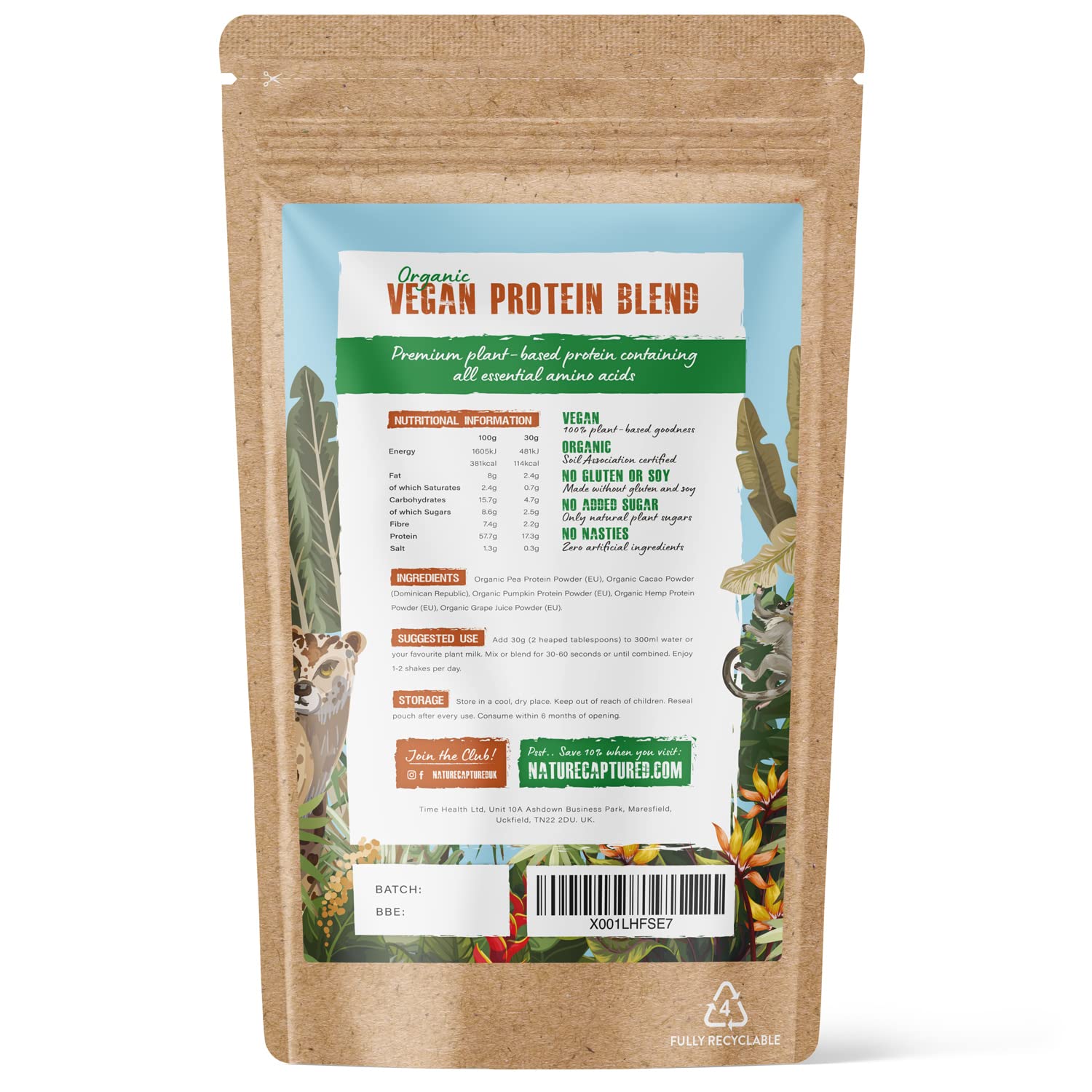 Organic & Raw Vegan Protein Blend (600g) - Chocolate Flavour - Pea, Pumpkin & Hemp Nature CapturedBuy Supplements Australia