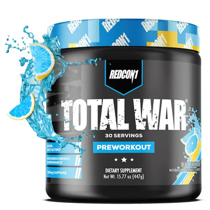 REDCON1 Total War Pre Workout - Beta Alanine + Citrulline Malate Keto Friendly Preworkout for Men & Women with 320mg of Caffeine - Fast Acting -Blue Lemonade (30 Servings) REDCON1
