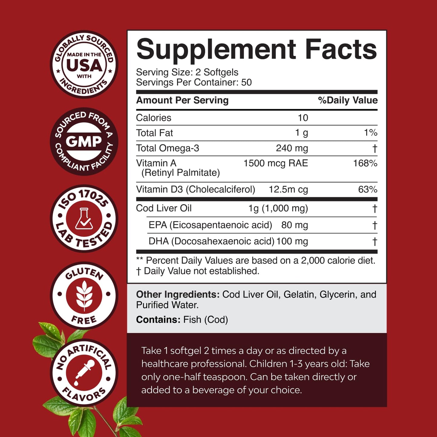 Icelandic Wild Caught Cod Liver Oil Softgels - Fish Omega 3, EPA, DHA, Vitamin D & A, 1000mg Per Serving - Burpless Capsules for Heart Natures Craft
