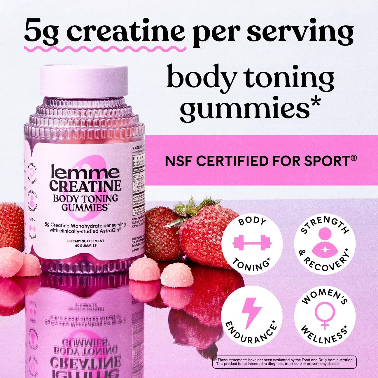 Lemme Creatine Monohydrate Gummies for Women and Men, 5g Dose to Support Lean Muscle, Strength, Recovery, Cognitive Health, w/Ginseng for Absorption, Sour Strawberry, NSF Certified, 60 Gummies