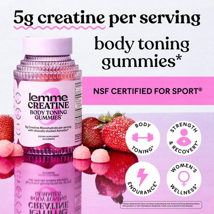 Lemme Creatine Monohydrate Gummies for Women and Men, 5g Dose to Support Lean Muscle, Strength, Recovery, Cognitive Health, w/Ginseng for Absorption, Sour Strawberry, NSF Certified, 60 Gummies