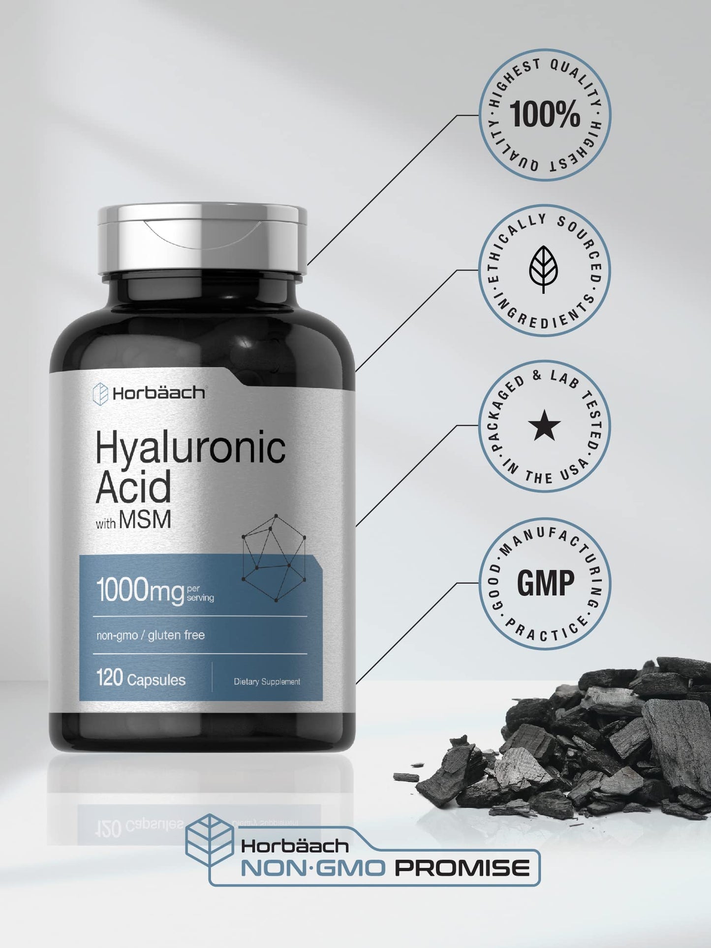Horbäach Hyaluronic Acid with MSM | 1000 mg | 120 Capsules | Non-GMO and Gluten Free Supplement | Bioavailable Formula Horbäach