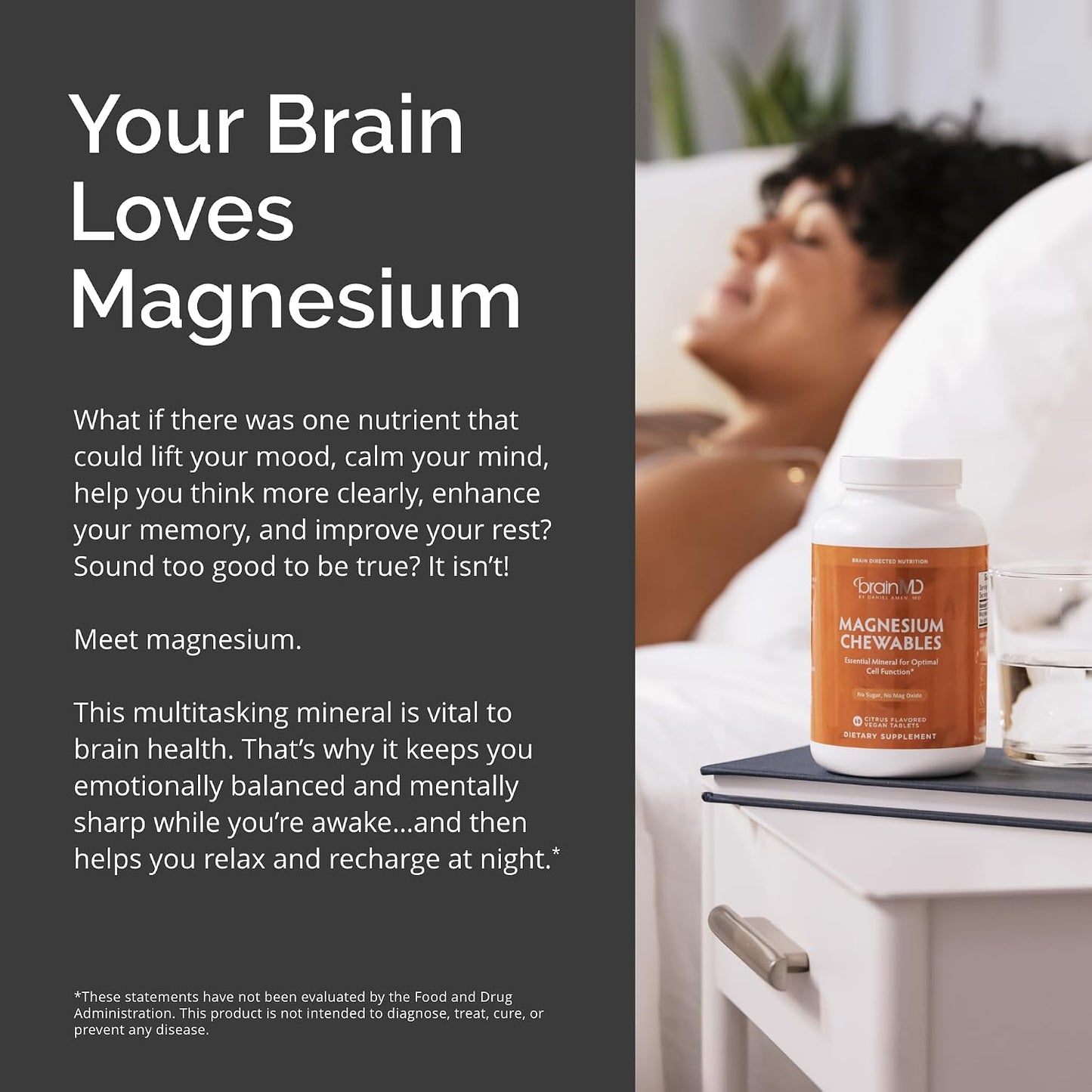 BRAINMD Dr Amen Magnesium Chewables, Citrus - 60 Chewable Tablets - Essential Mineral for Optimal Cell Function - Supports Memory & Focus - Gluten Free - 60 Servings