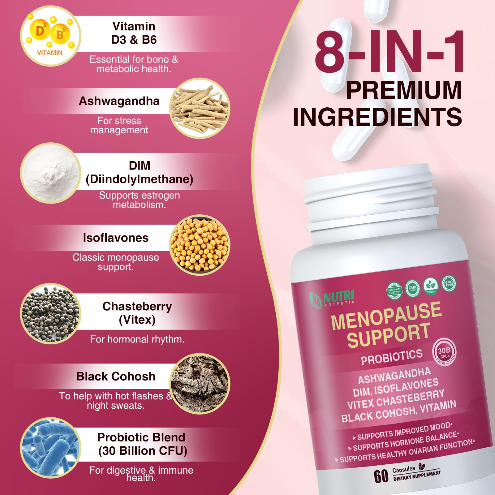 Menopause Supplements for Women with Probiotics, DIM, Black Cohosh, Chasteberry & Soy Isoflavones Support Hormone Balance & Helps Relieve Hot Flashes, Night Sweats - 60 Servings (Made & Tested in USA) NUTRI POTENTIA buy australia supplements