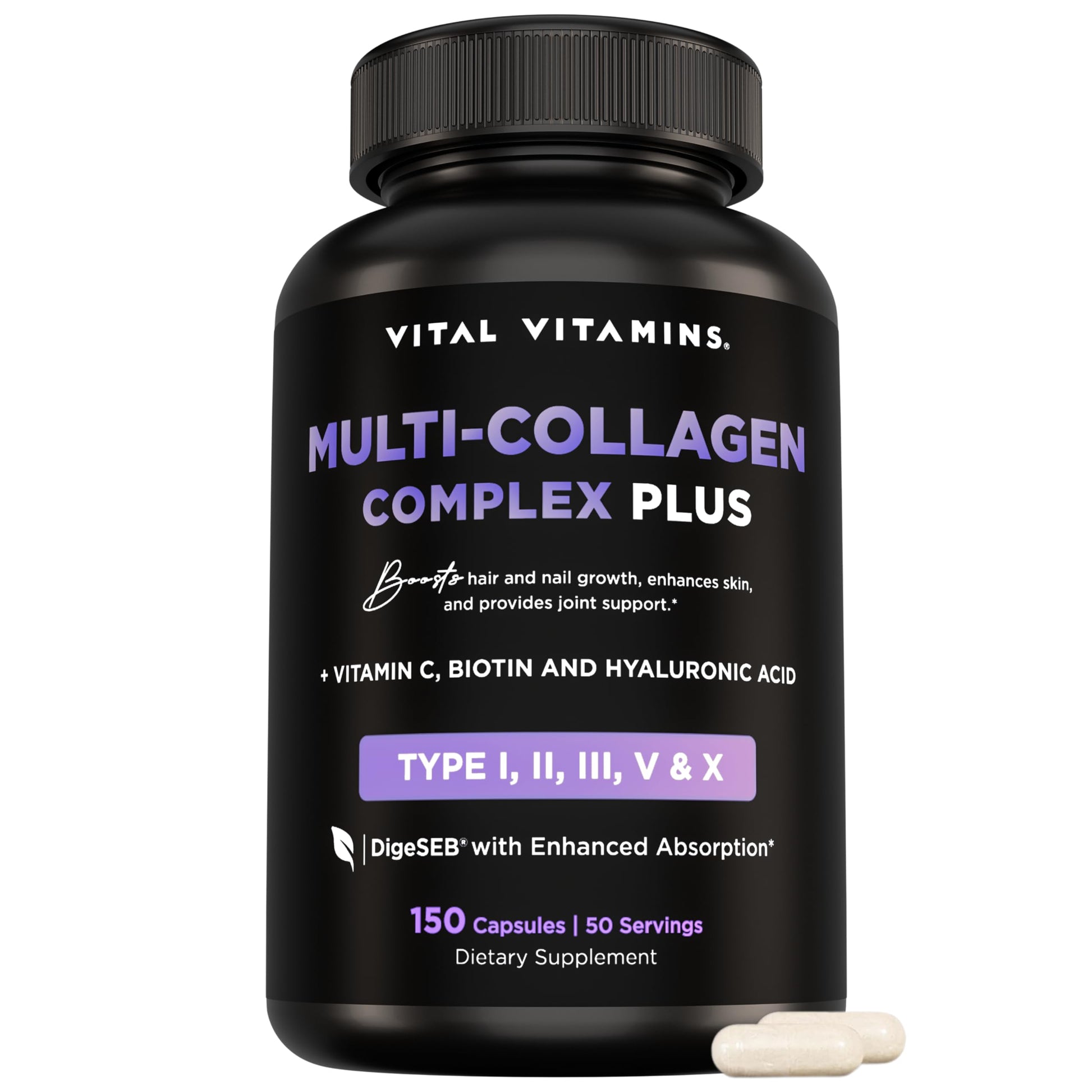 Vital Vitamins Multi Collagen Complex Plus - with Biotin, Hyaluronic Acid, Vitamin C - Type I, II, III, V, X - for Women & Men - Hair, Skin, Nails Beauty Complex - 150 Capsules Vital Vitamins buy australia supplements