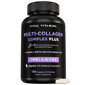 Vital Vitamins Multi Collagen Complex Plus - with Biotin, Hyaluronic Acid, Vitamin C - Type I, II, III, V, X - for Women & Men - Hair, Skin, Nails Beauty Complex - 150 Capsules Vital Vitamins buy australia supplements