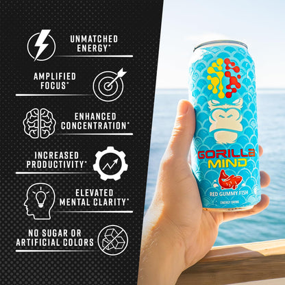 Gorilla Mind Energy Drink | Unmatched Energy · Amplified Focus | N-Acetyl-L-Tyrosine, Alpha-GPC, 200mg Caffeine, Uridine, Saffron | 0 Sugar Or Artificial Colors | 16oz, 12-Pack (Black Cherry Vanilla)