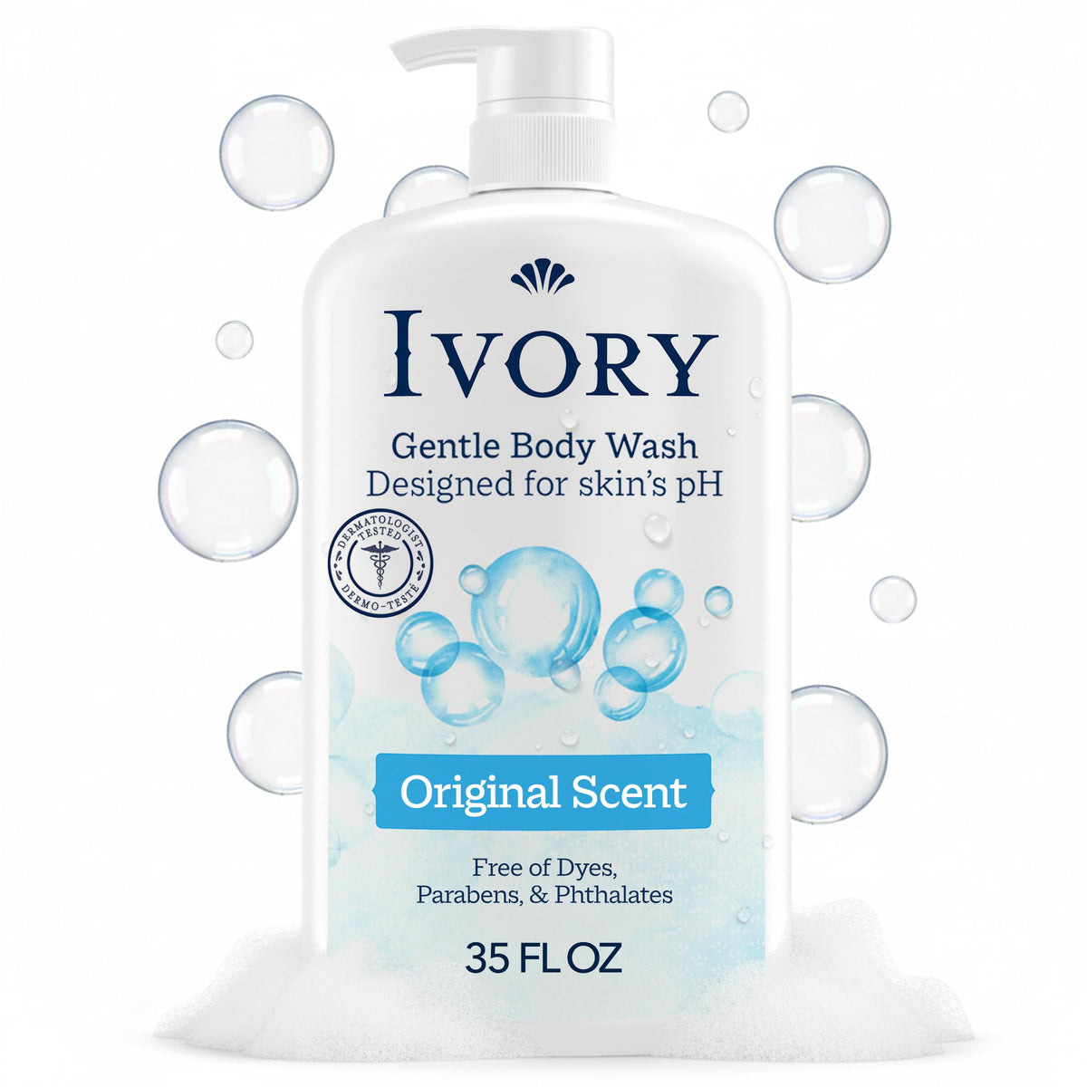 Ivory Body Wash, Designed for the Whole Family, Gentle Formula, Free of Dyes Heavy Perfumes Parabens Phthalates & Silicones, for Sensitive Skin, Designed for Skin's pH, Original Scent, 35 oz IVORY