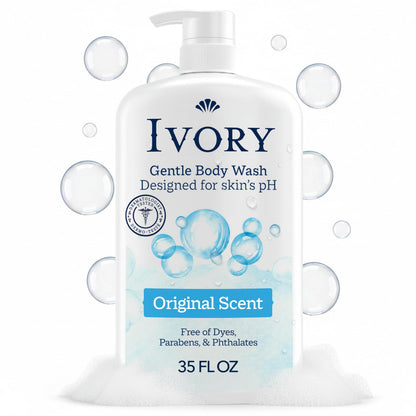 Ivory Body Wash, Designed for the Whole Family, Gentle Formula, Free of Dyes Heavy Perfumes Parabens Phthalates & Silicones, for Sensitive Skin, Designed for Skin's pH, Original Scent, 35 oz IVORY