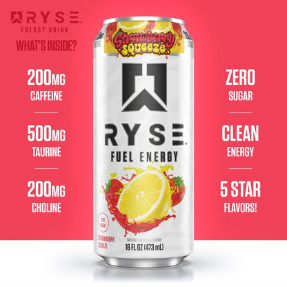 RYSE Fuel Energy Drink - Variety Pack - Sugar Free, Gluten Free & Vegan - 200mg Natural Caffeine, Taurine & Choline for Focus & Energy - No Artificial Colors - 16 fl oz Cans (12-Pack)