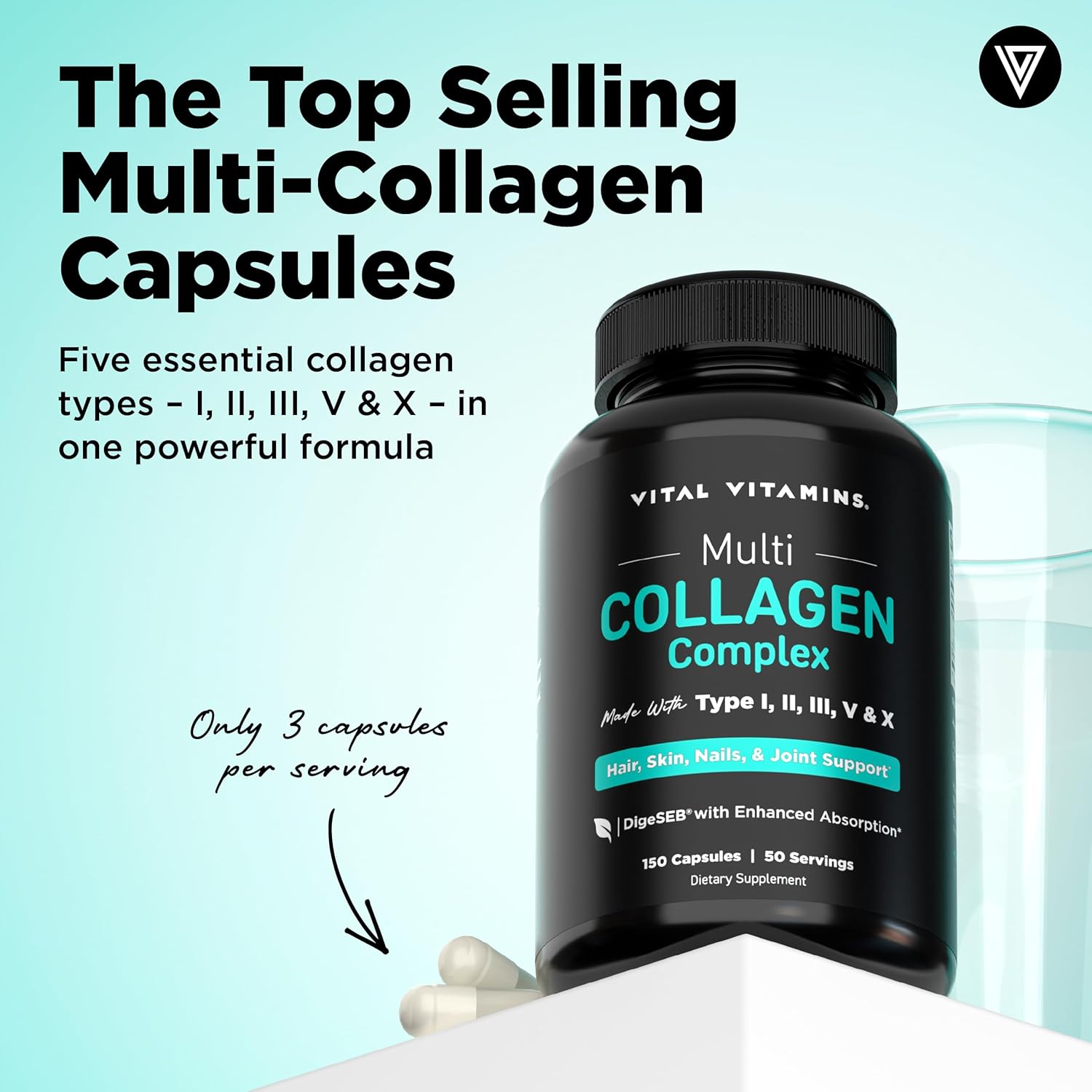 Vital Vitamins Multi Collagen Peptides Complex for Women & Men, 150 Pills | Supports Skin, Hair & Nails, 5 Collagen Types I II III V & X, Grass-Fed Non-GMO Collagen Supplements Gsupps Australia
