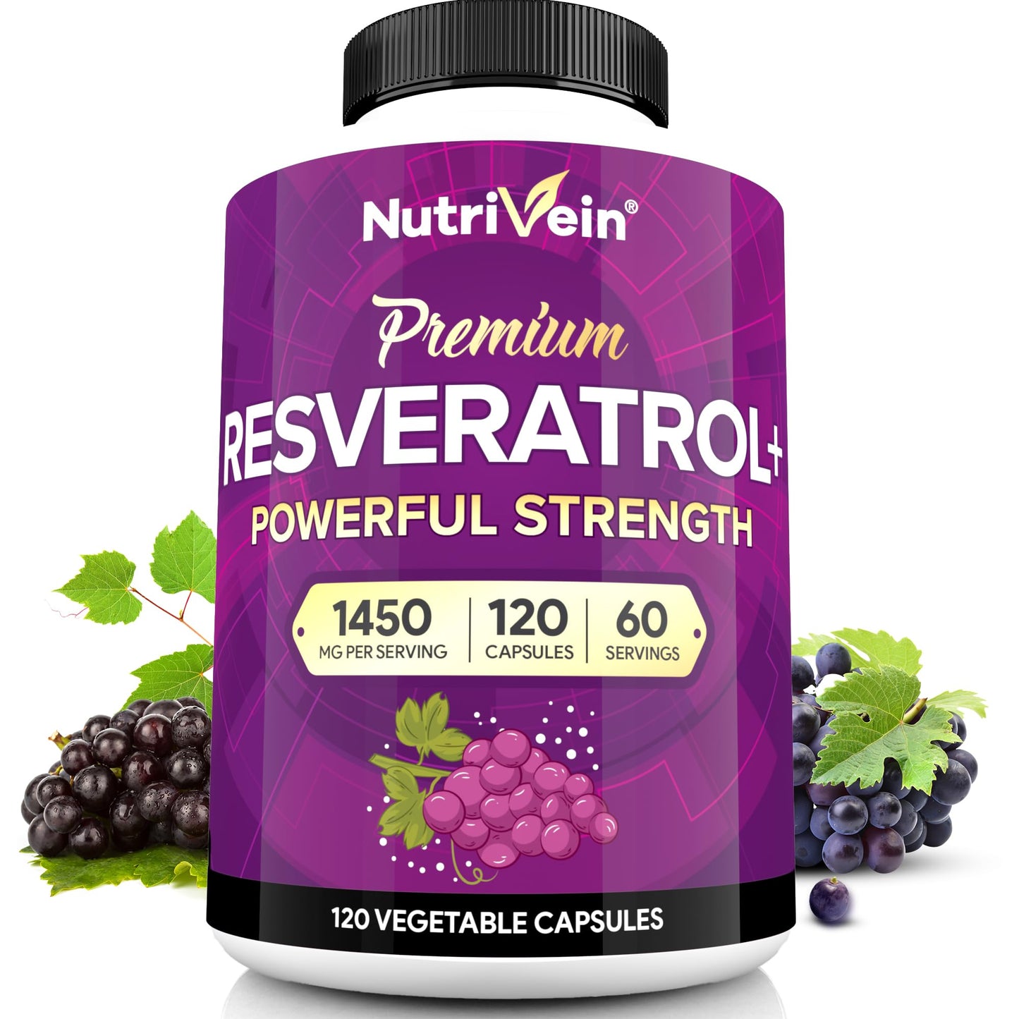Nutrivein Premium Resveratrol 1450mg - 120 Caps: Pure Trans Resveratrol Supplement Enhanced with Green Tea Leaf & Acai Berry Nutrivein