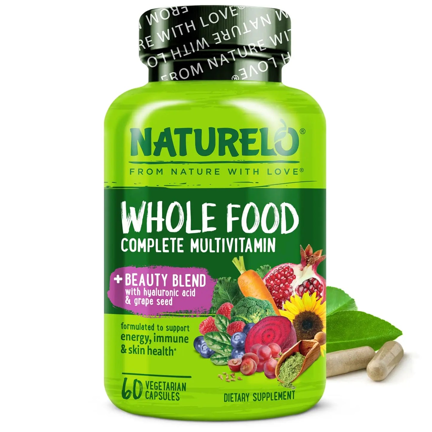 NATURELO Whole Food Multivitamin with Extra Hair, Skin and Nails Support - Beauty Blend with Hyaluronic Acid & Grape Seed - High Potency Biotin, Vitamin C NATURELO