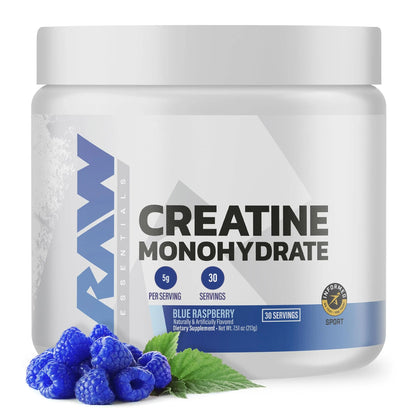 RAW Nutrition Creatine Monohydrate Powder, Blue Raspberry (30 Servings) - Micronized Creatine Monohydrate Supplement for Workout Performance, Build Muscle & Strength RAW