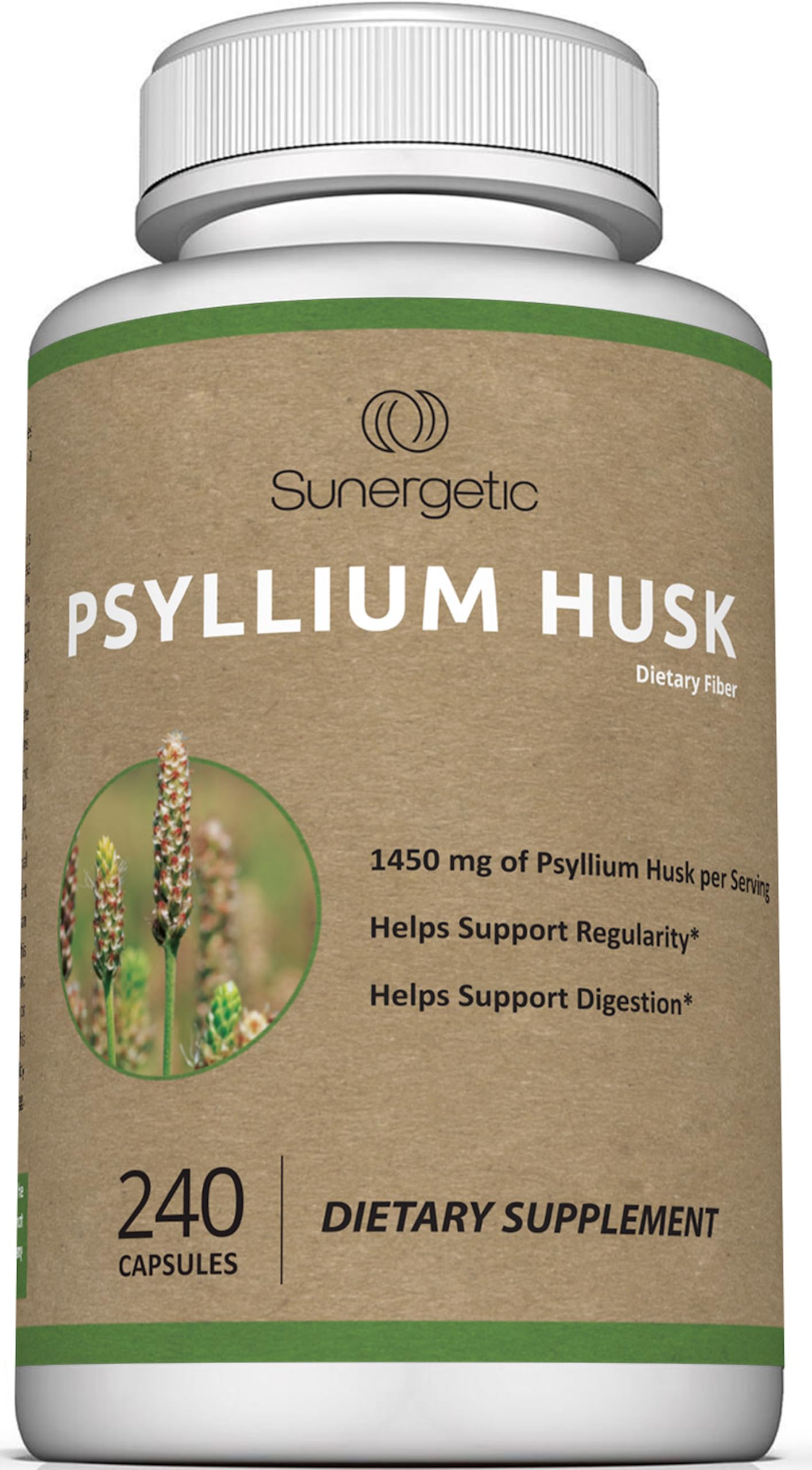 Premium Psyllium Husk Fiber Supplement 1450mg, 240 Capsules Sunergetic