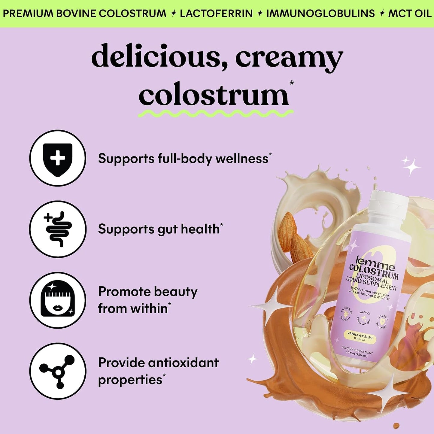 Lemme Colostrum Coffee Creamer for Gut, Skin, Hair & Healthy Aging, Sugar Free Liposomal & Grass Fed 1g Colostrum w/Lactoferrin, MCT Oil, Immunoglobulins, Vanilla Creme Flavored
