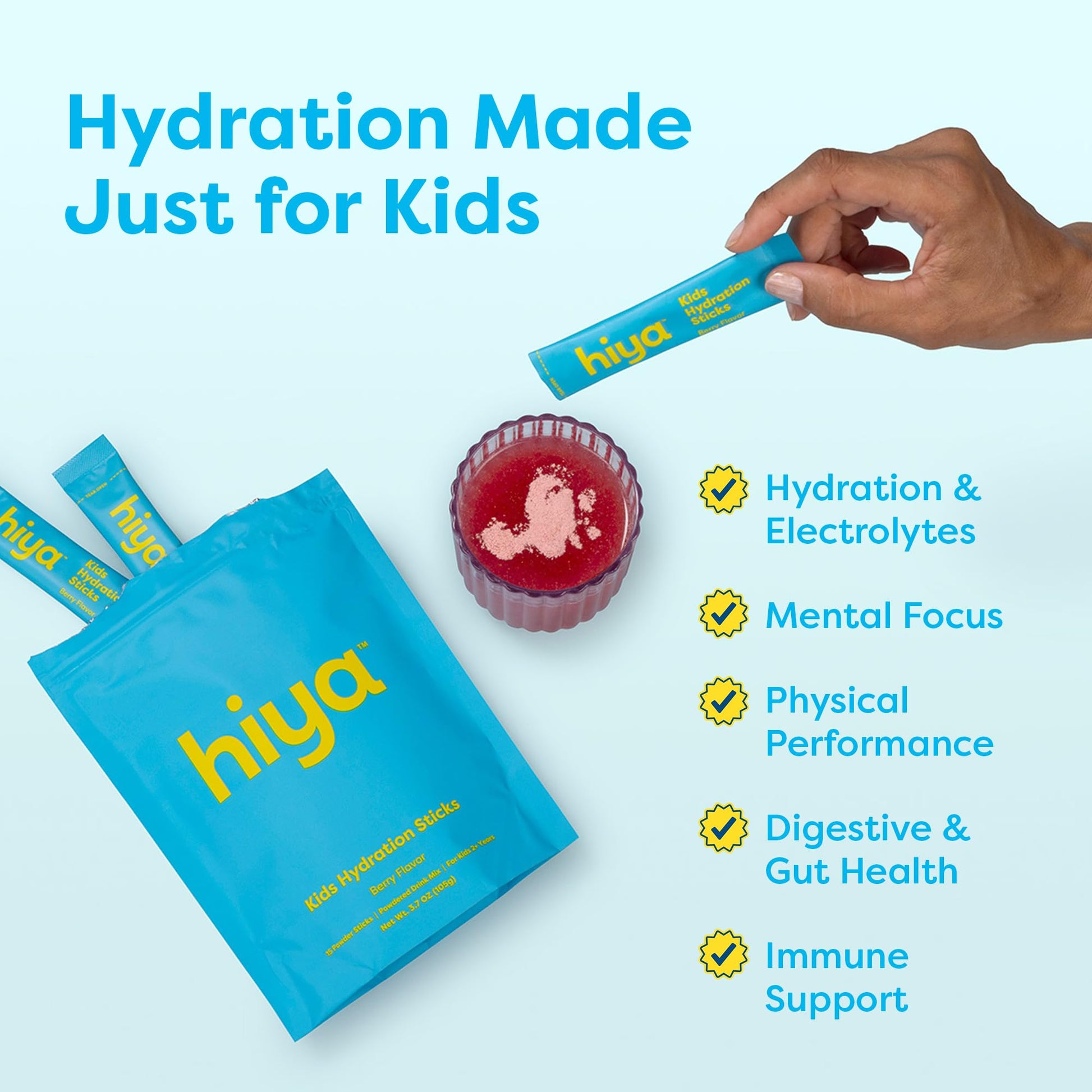 Hiya Kids Hydration with Electrolytes - Zero Added Sugar Berry Flavored Kids Hydration Packets - 15 Sticks - Travel-Friendly Drink Mix for Children Ages 2+ HIYA buy australia supplements