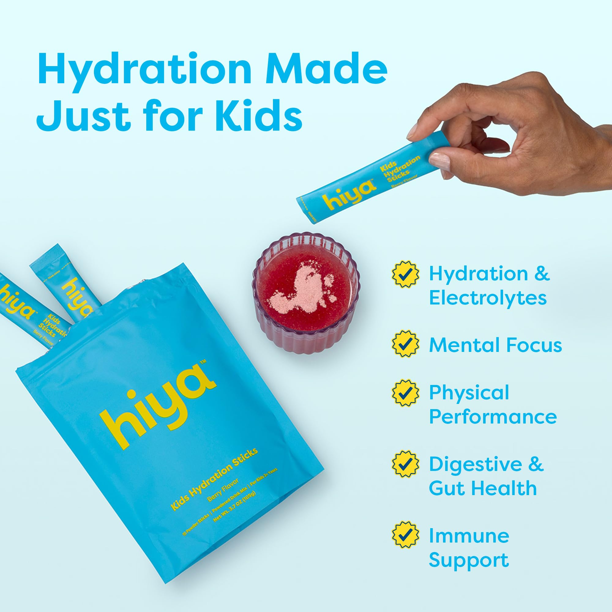 Hiya Kids Hydration with Electrolytes - Zero Added Sugar Berry Flavored Kids Hydration Packets - 15 Sticks - Travel-Friendly Drink Mix for Children Ages 2+ HIYA buy australia supplements