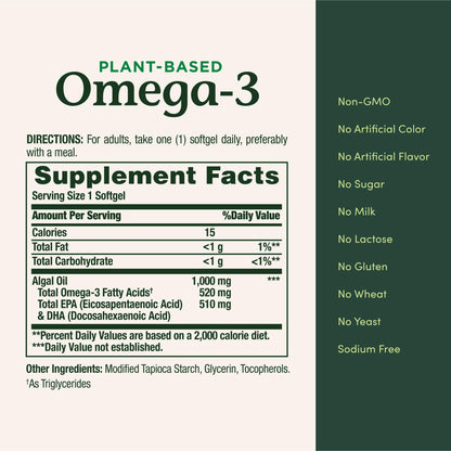 Nature's Bounty Omega 3, Plant-Based Omega 3 Fatty Acid Supplement, 520mg, Supports Whole Body Health Including Heart, Skin, Joint Nature's Bounty