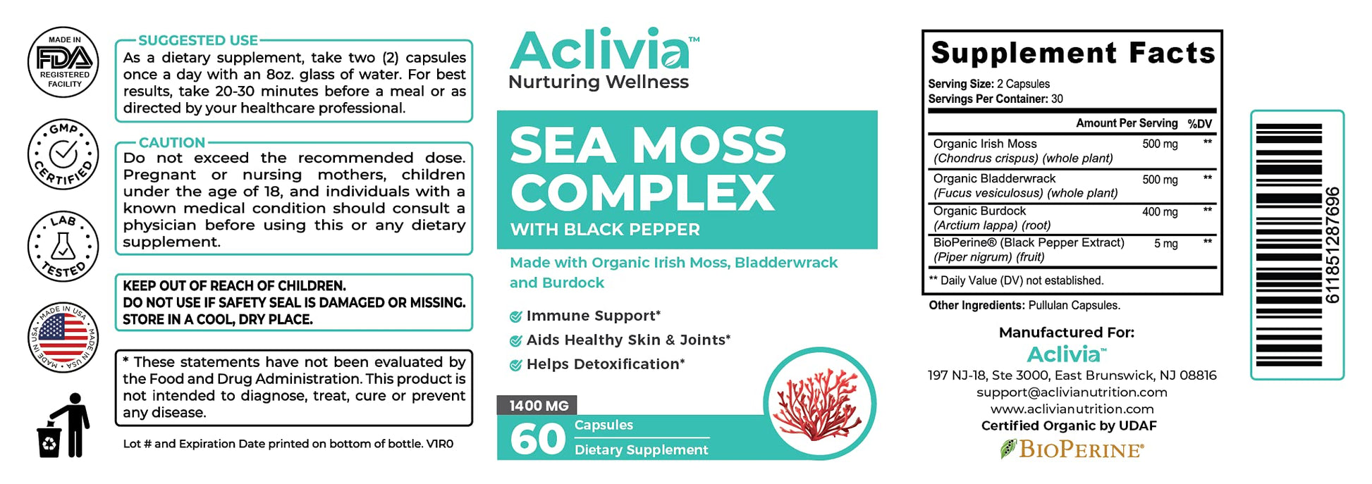 Aclivia - Organic Irish Sea Moss Capsules with Bladderwrack & Burdock Root - 102 Minerals Sea Moss Supplement - Thyroid Support, Immune Boost - Non-GMO (60 Count) Aclivia buy australia supplements