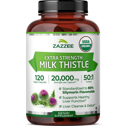 Zazzee USDA Organic Milk Thistle 50:1 Extract, 200 Vegan Capsules | 80% Silymarin Flavonoids, 6+ Month Supply, Silybum Marianum, Liver Support & Detox Support, All-Natural, Non-GMO, Made in USA Gsupps Australia