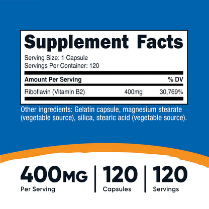 Nutricost Vitamin B2 (Riboflavin) 400mg, 120 Capsules - Gluten Free, Non-GMO Nutricost