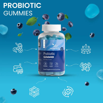 Vegan Probiotic Gummies with Prebiotics, Blueberry Flavour, 2 Gummies Daily (90 Count), 45 Days Supply, Non-GMO, Gluten Free, Ved