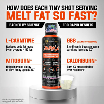 ALPHA LION Burn2O L-Carnitine Liquid 2000mg – Stim Free Super Thermogenic Fat Burner with MitoBurn® & CaloriBurn GP®, Metabolism Booster, Zero Calorie ALPHA LION
