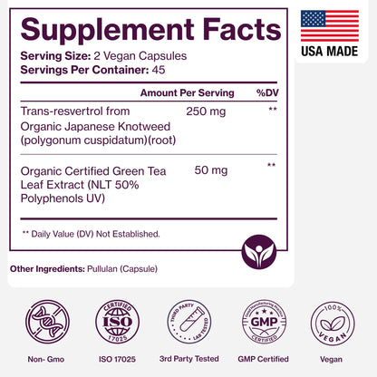 Organic Resveratrol Supplement – Trans-Resveratrol Capsules with Green Tea – Highly Purified & Bioavailable Pure Micronutrients