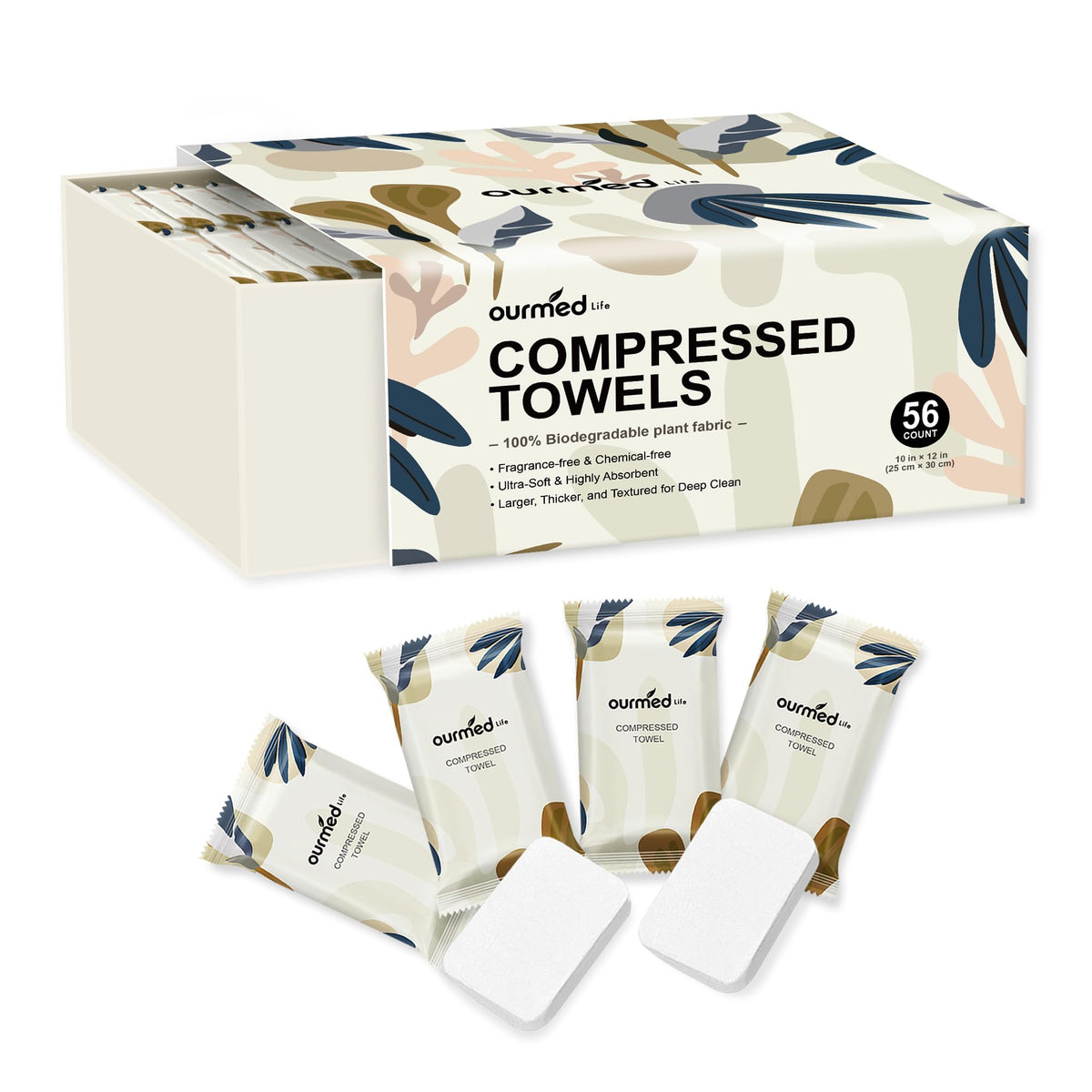 Ourmed Life Compressed Towel, Disposable Washcloths, 12 x 10 Inch, 56 Count ourmed life